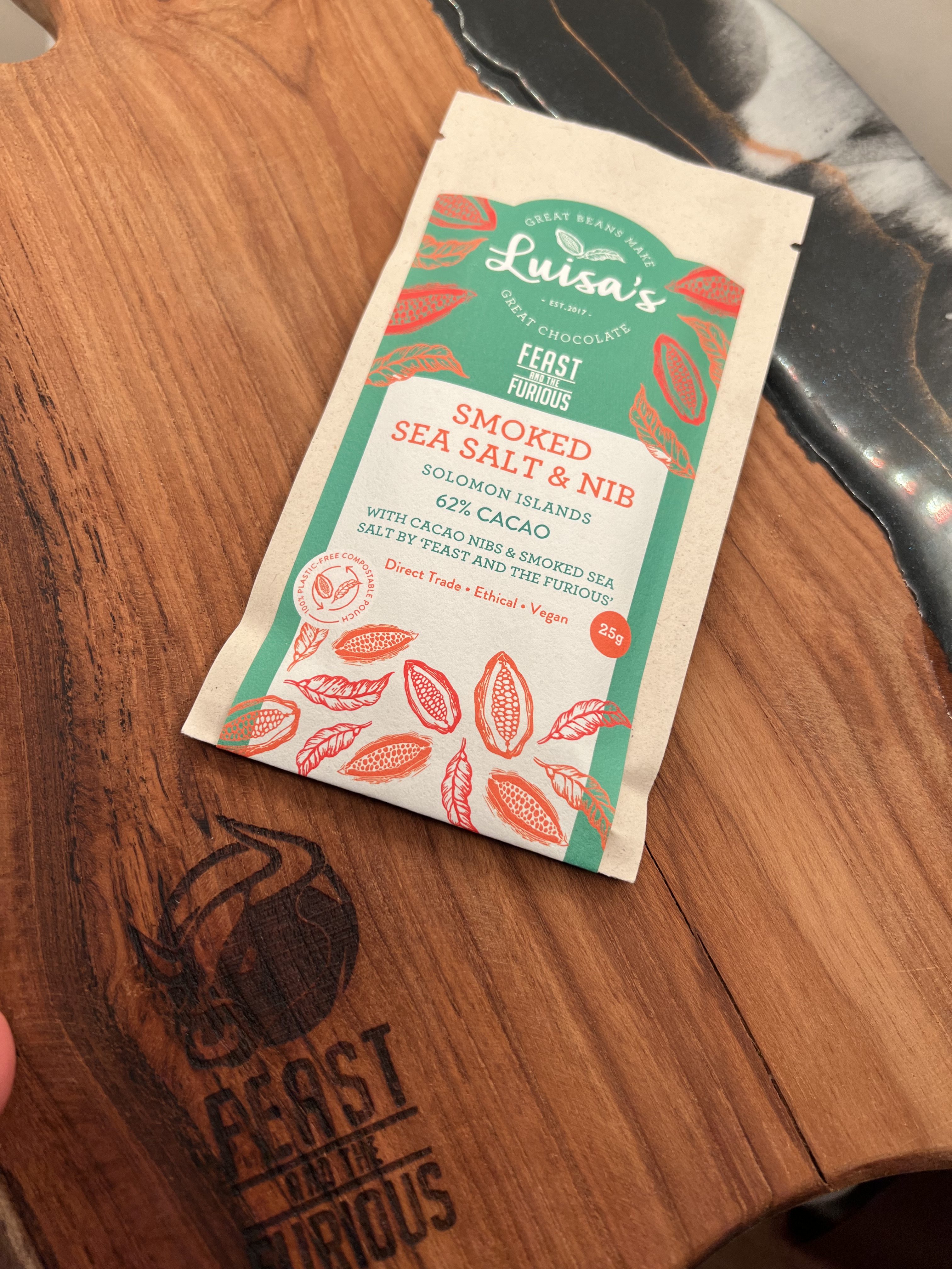 dark chocolate with smoked sea salt and cacao nibs